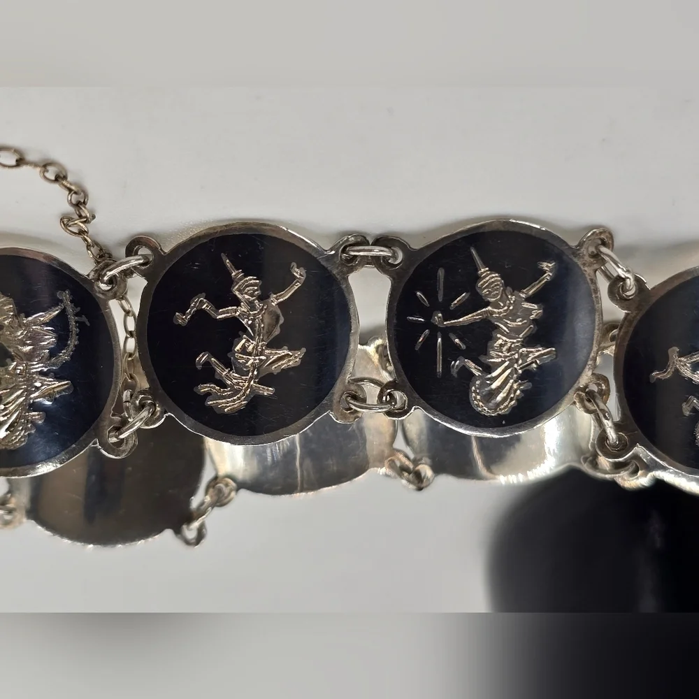 Vintage 1950s Siam Niello Sterling Silver Siam Dancer Fan linked bracelet